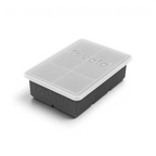 The tovolo King Cube Silicone Ice Mold is a gray, rectangular tray with a clear plastic lid. Both are labeled "tovolo" and designed to make large, perfectly square ice cubes.