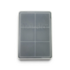 The tovolo King Cube Silicone Ice Mold is a gray rectangular tray with six large compartments for ice cubes, includes a clear plastic lid, and is pictured from above on a white background.
