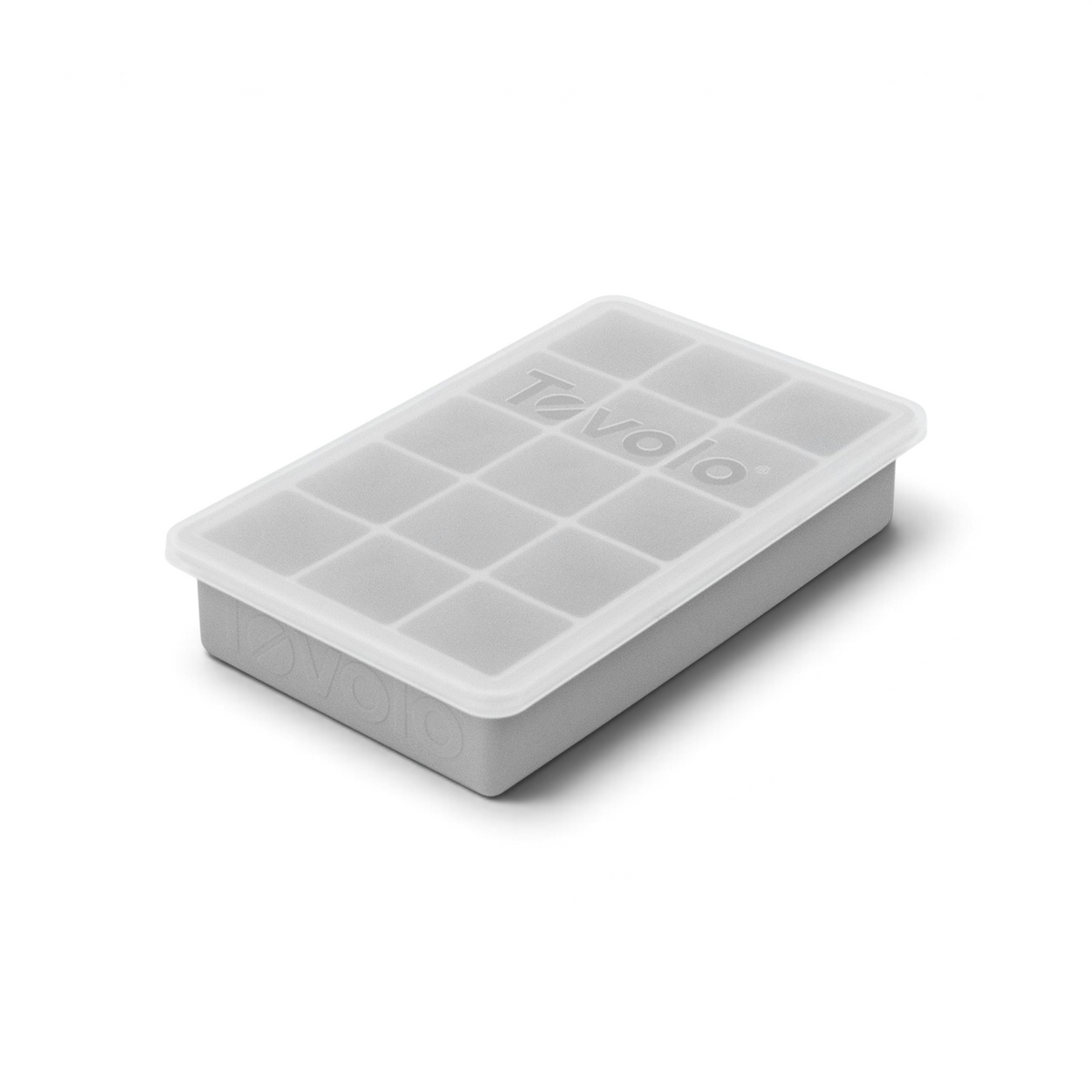 The tovolo Perfect Cube Silicone Ice Mold is a rectangular gray food-grade tray with a fitted translucent lid and the tovolo brand name embossed on top.