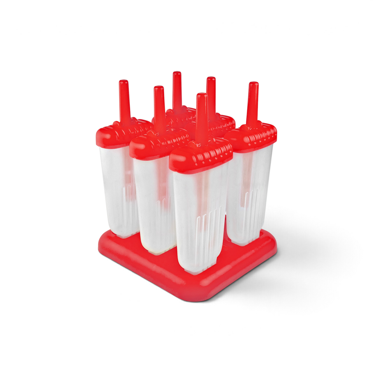 Tovolo Groovy Pop Molds set with six clear popsicle containers and red lids on a matching red slimline freezer tray.