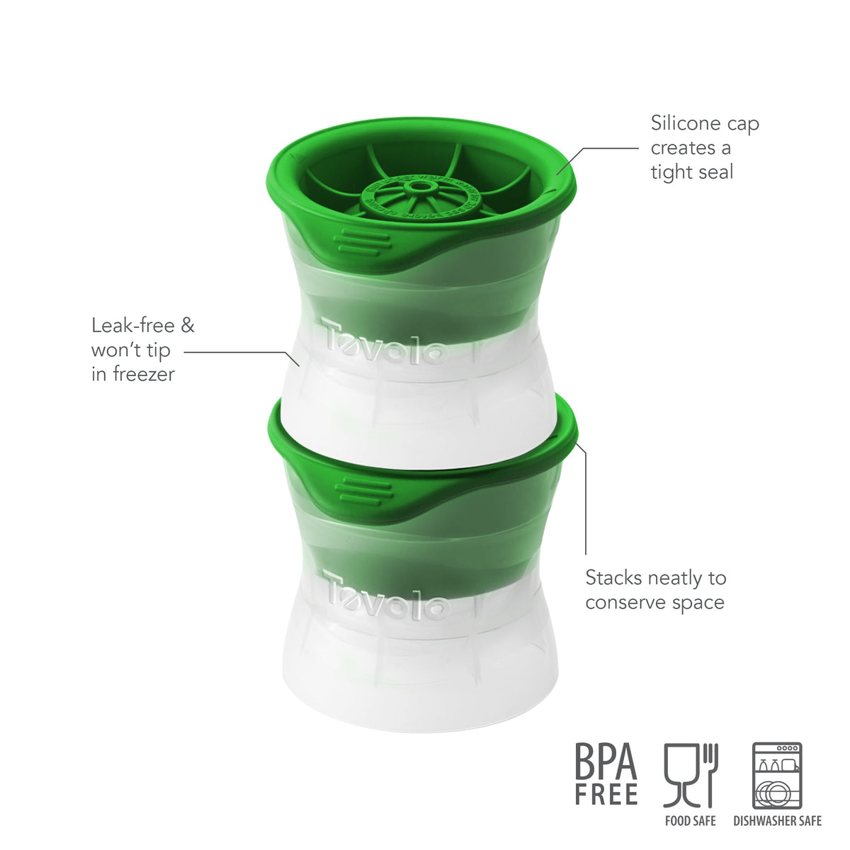 The tovolo Baseball Ice Molds (Set of 2) are shown stacked in green and white. Labels highlight their silicone cap for a tight seal, tip-proof, leak-free design. Icons show they are BPA free, food safe, and dishwasher safe.