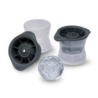 Three clear, stackable Sports Ice Molds with black lids are shown; one is upright, another displays the interior, and the third is stacked with its lid on, alongside a soccer ball-shaped ice sphere.