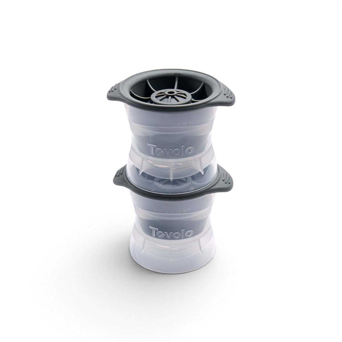 Two stacked tovolo Baseball Ice Molds (Set of 2) with black lids, each labeled "tovolo." The top lid features a circular grip—ideal for crafting impressive sphere-shaped ice at home.
