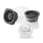 Sports Ice Molds shown disassembled with all parts, plus a clear round ice sphere made by the mold, displayed on a white background.