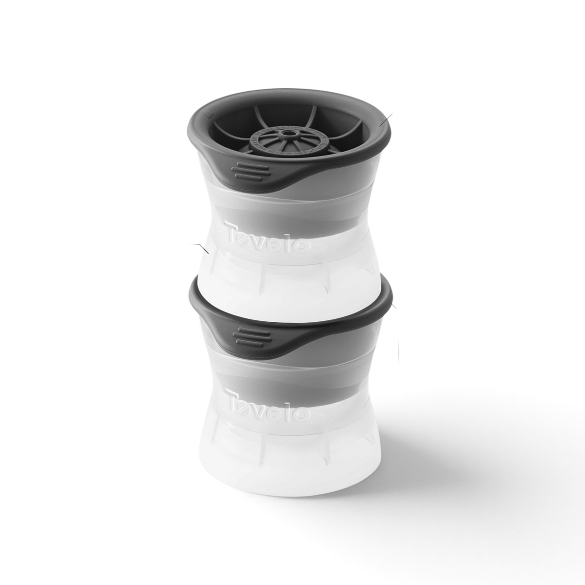 Two stacked tovolo Baseball Ice Molds (Set of 2) with gray silicone caps. Labels highlight stackable, leak-free design, tight seal, and BPA-free, food-safe, dishwasher-safe features at the bottom.