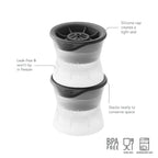 Two stacked tovolo Baseball Ice Molds (Set of 2) with gray silicone caps. Labels highlight stackable, leak-free design, tight seal, and BPA-free, food-safe, dishwasher-safe features at the bottom.