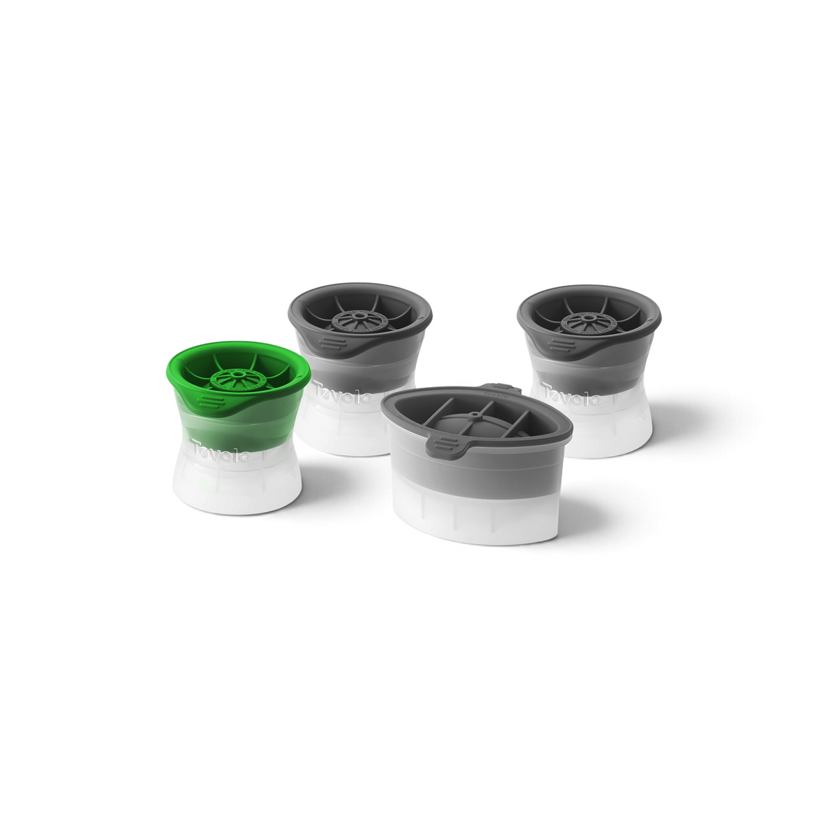 The tovolo Baseball Ice Molds set includes two plastic molds with gray tops, white bases, and a green rim. Their unique stackable design and open tops make them perfect for crafting fun, baseball-shaped ice for your drinks.