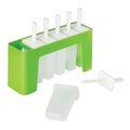 The Pop Molds w/ Tray features a green and white design with five slots on a slim tray—four filled with sticks and one empty mold and stick placed in front—ideal for making homemade frozen treats.