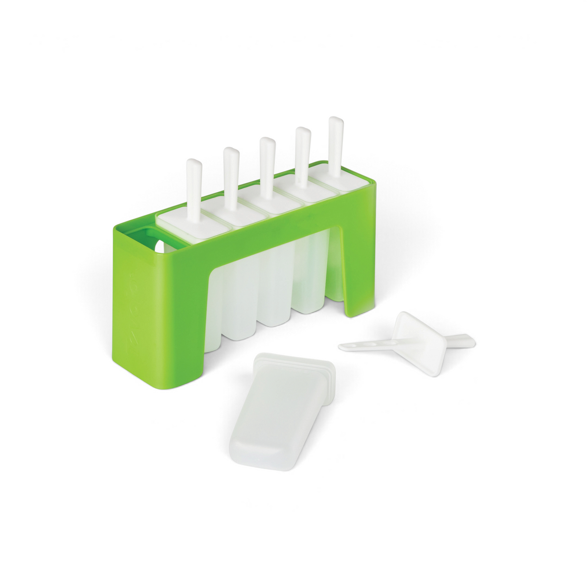 The Pop Molds w/ Tray features a green and white design with five slots on a slim tray—four filled with sticks and one empty mold and stick placed in front—ideal for making homemade frozen treats.