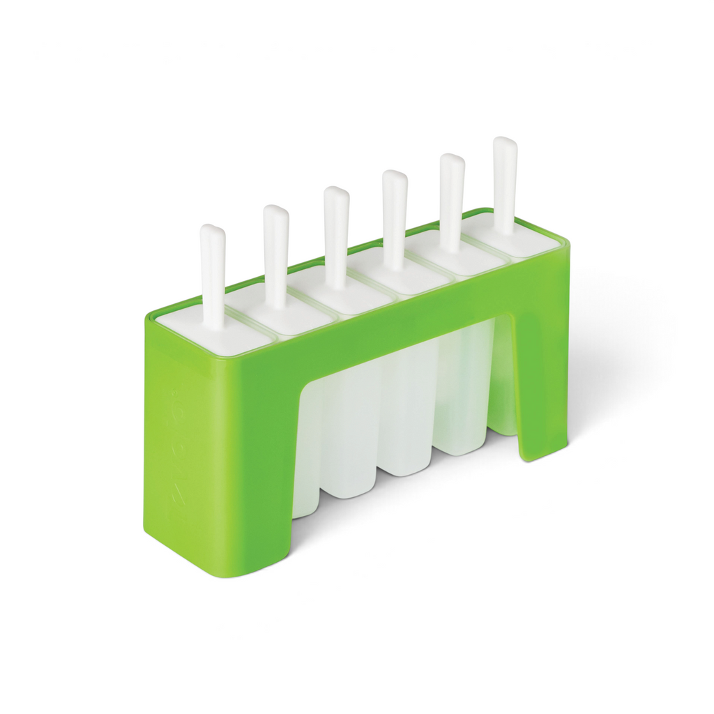 The Pop Molds w/ Tray is a green plastic slimline popsicle mold featuring six slots with white handles in a single row. It stands upright, ready to help you craft homemade frozen treats on a white background.