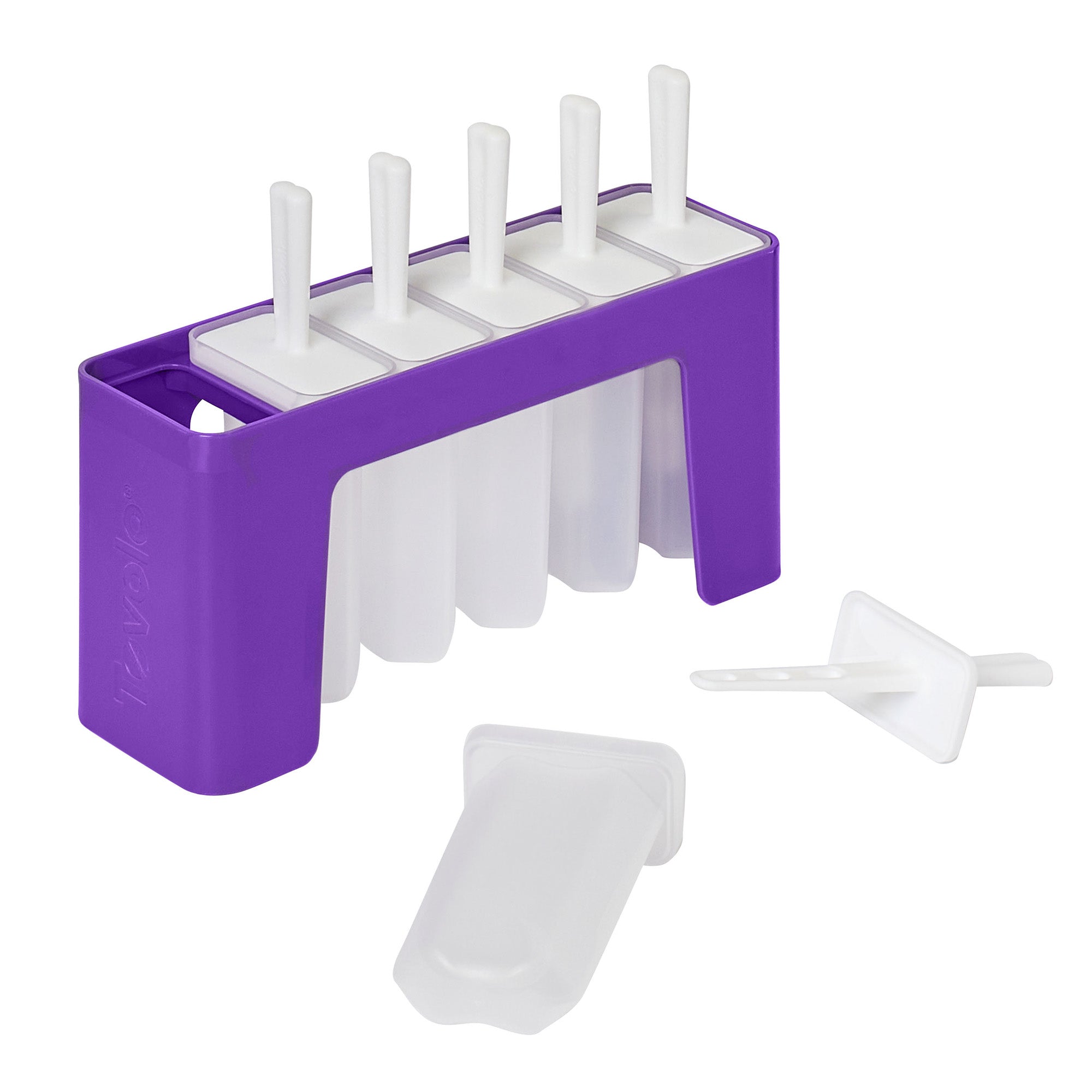 The Pop Molds w/ Tray is a purple slimline popsicle mold featuring five slots, each with a white stick and lid. Two lids with sticks are set in front, ideal for making homemade frozen treats.