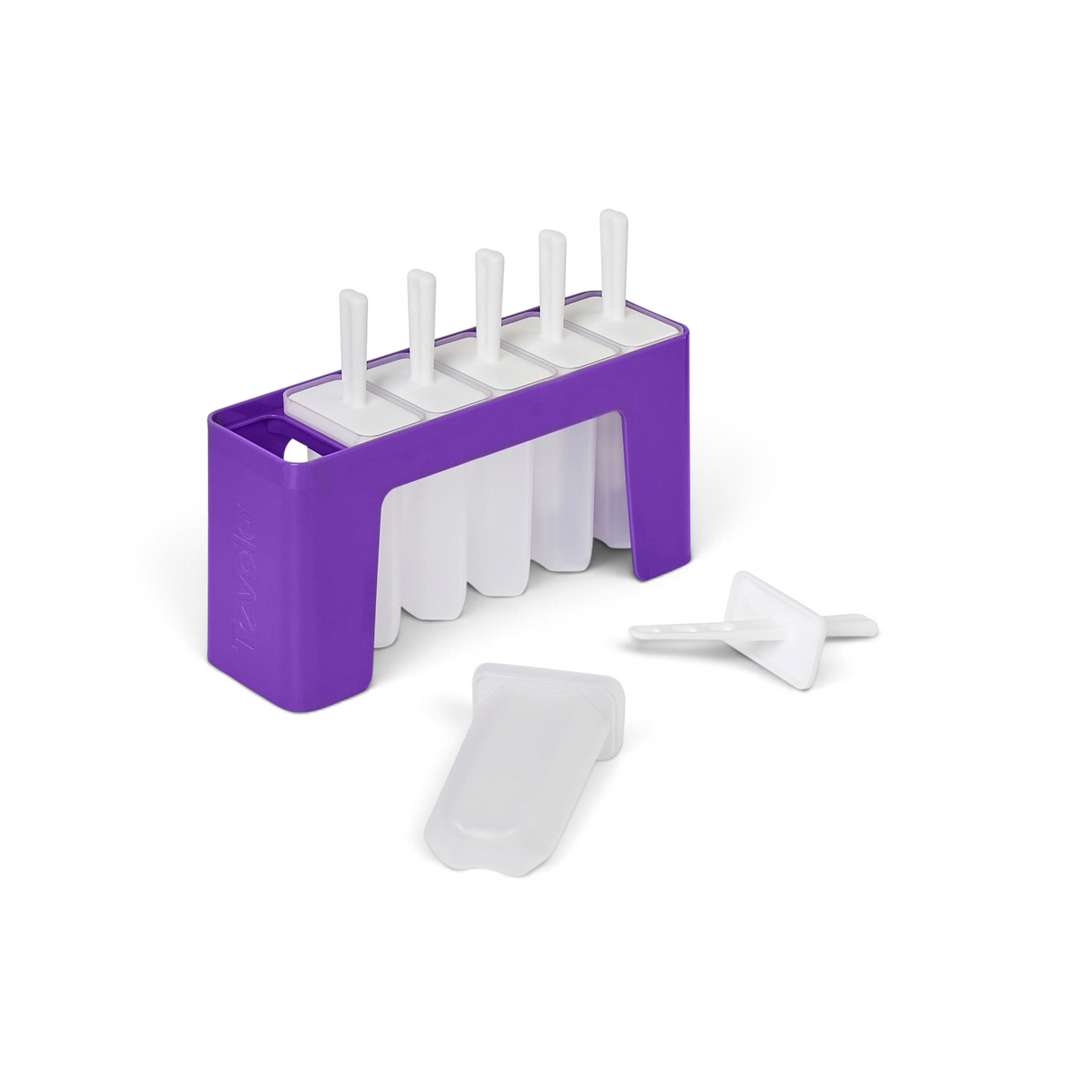 The Pop Molds w/ Tray is a purple slimline popsicle mold featuring five slots, each with a white stick and lid. Two lids with sticks are set in front, ideal for making homemade frozen treats.