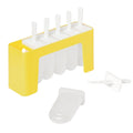 The Pop Molds w/ Tray is a yellow and white slimline popsicle mold with five slots—four filled with white sticks for homemade treats, one slot open. A popsicle stick and lid lie in front of the mold.