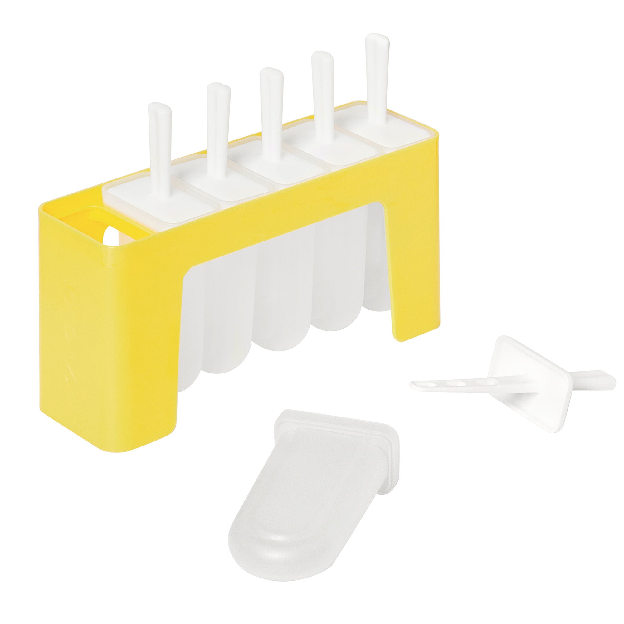 The Pop Molds w/ Tray is a yellow and white slimline popsicle mold with five slots—four filled with white sticks for homemade treats, one slot open. A popsicle stick and lid lie in front of the mold.