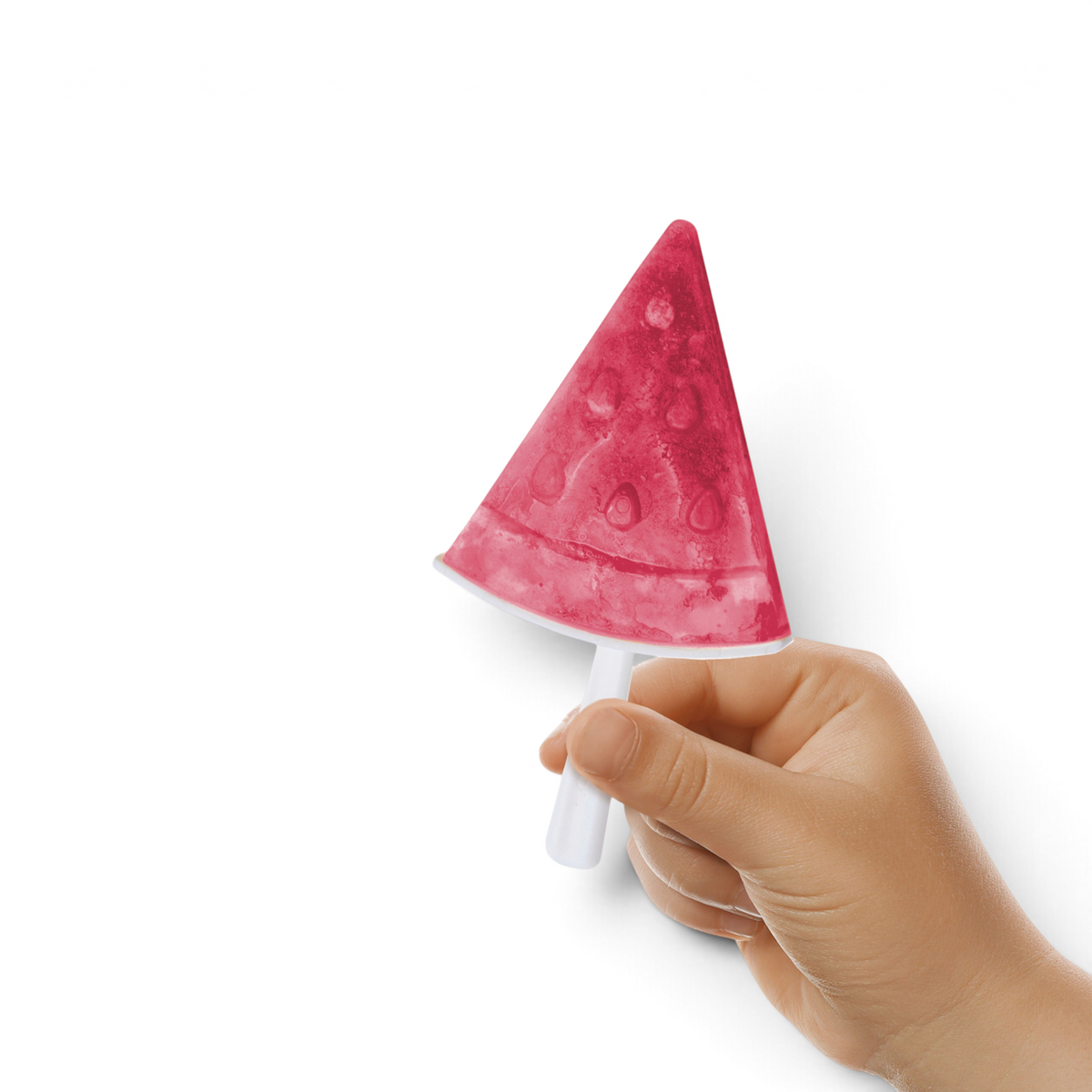 A hand holds a watermelon-shaped popsicle with a white stick, made using Stackable Pop Molds, against a white background.