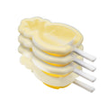 Four yellow popsicles made with the tovolo Stackable Pop Molds are stacked together. Each has a white stick and a frosted, translucent look that showcases their playful, stackable design.