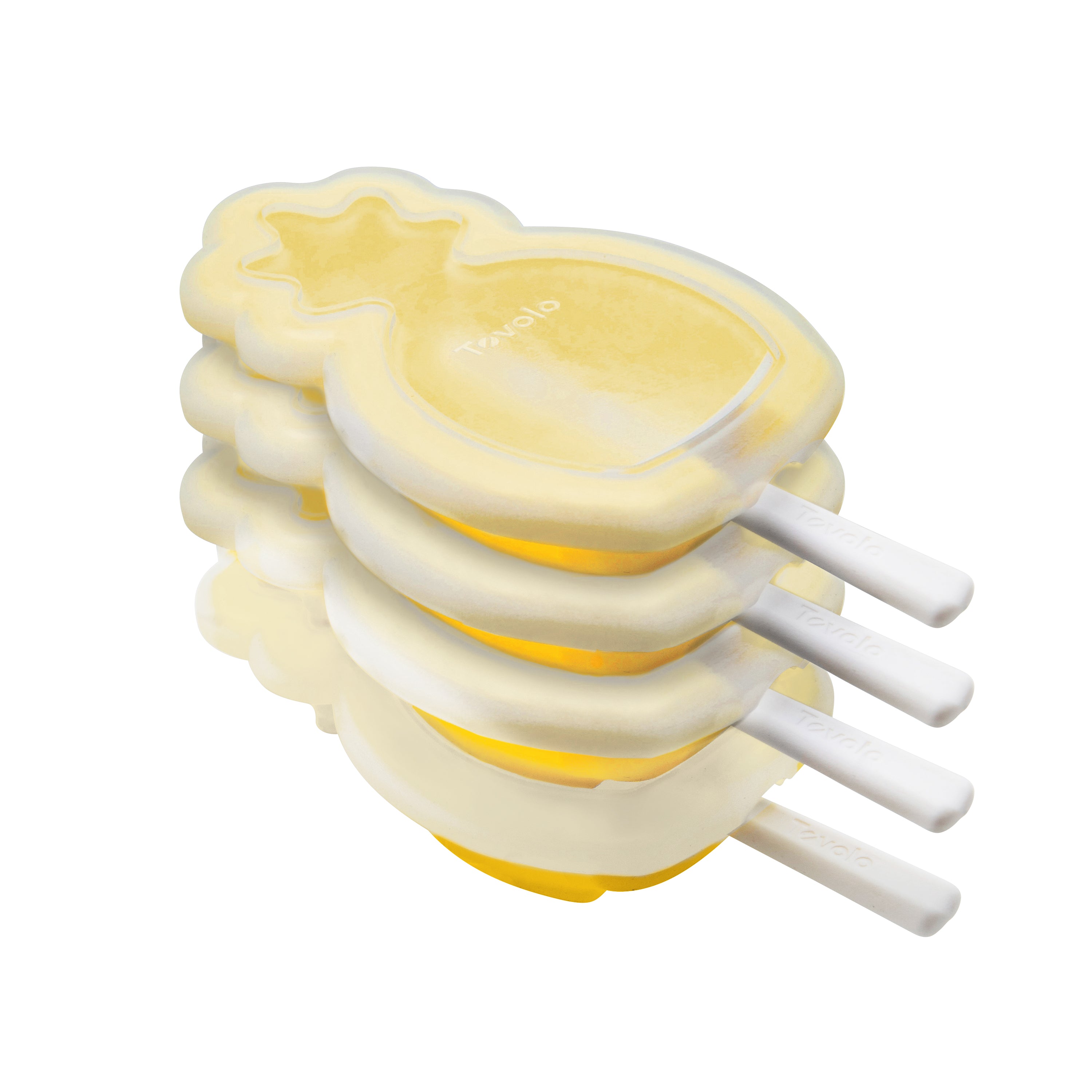 Four yellow popsicles made with the tovolo Stackable Pop Molds are stacked together. Each has a white stick and a frosted, translucent look that showcases their playful, stackable design.