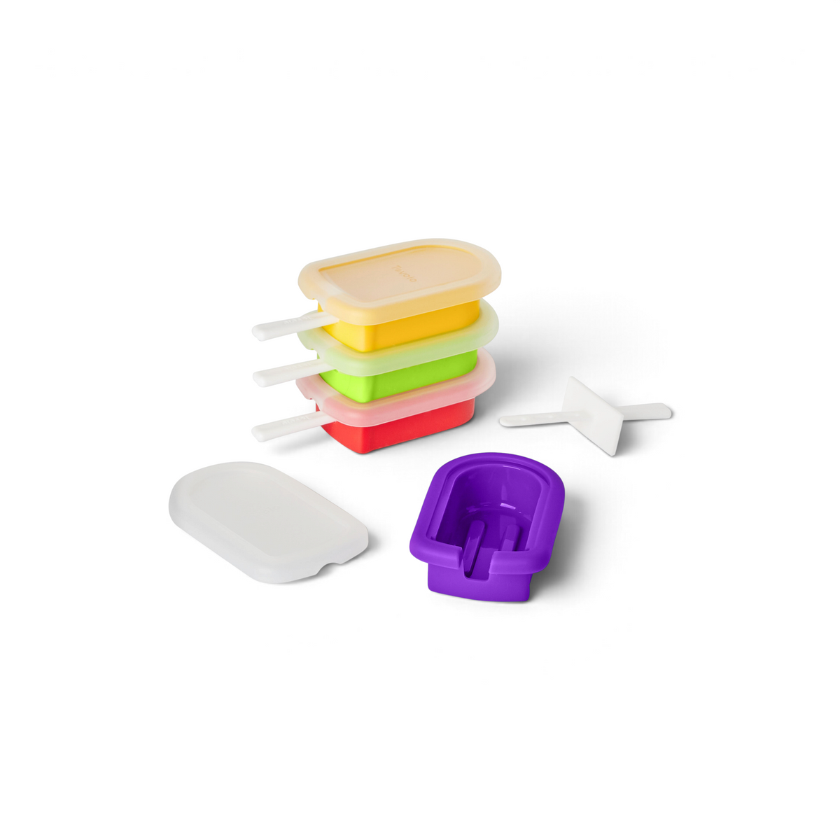 Four Stackable Pop Molds in yellow, green, red, and purple with white lids and sticks are displayed on a white background. Three molds are stacked, one is separate, and extra lids and a stick are placed nearby.