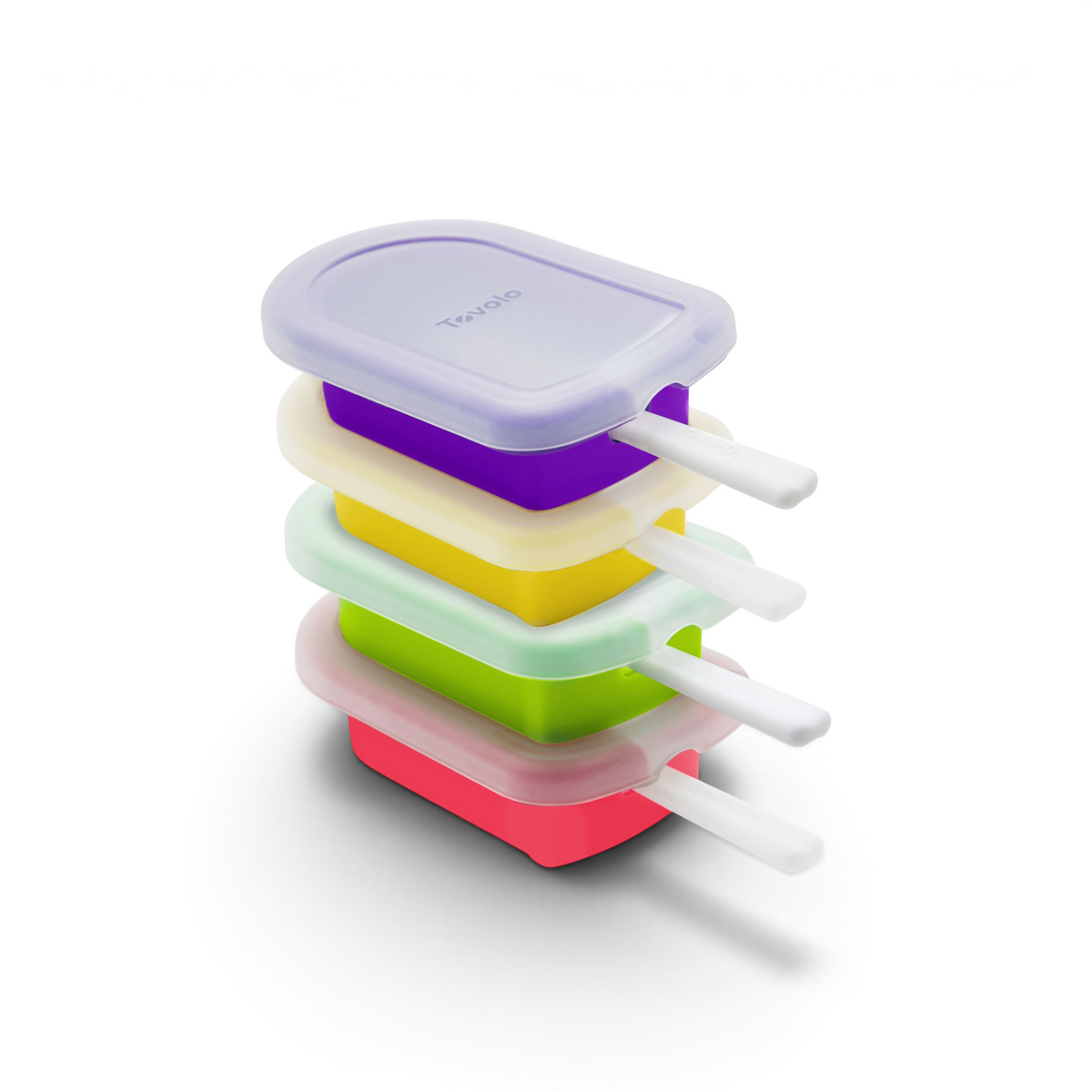 A stack of four Stackable Pop Molds with white handles arranged vertically. Each mold is a different color—purple, cream, green, and red—and topped with a frosted lid.