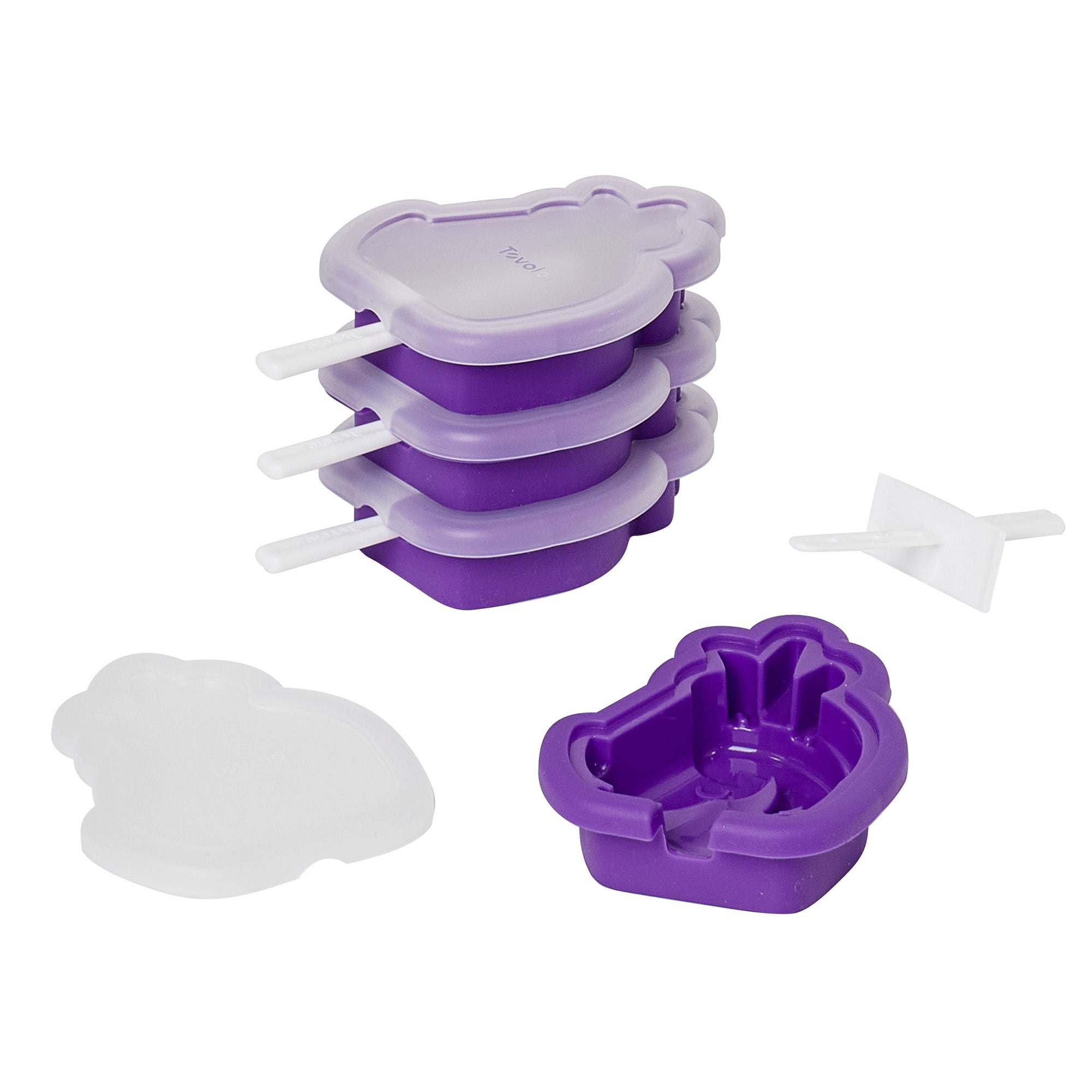 Four Stackable Pop Molds in purple with white handles and lids are shown; one is disassembled to display the handle, silicone base, and lid separately.