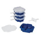 Four blue Stackable Pop Molds with white lids and handles can be stacked or separated, letting you create fun-shaped treats—just like stackable silicone popsicle makers, but for sandwiches.