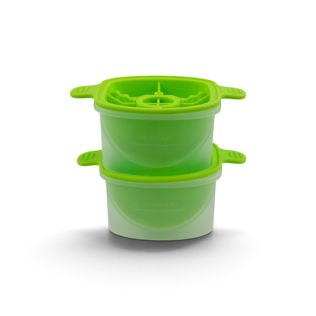 The tovolo Lime Ice Molds (Set of 2) feature stackable green molds, each with side handles and a textured lid for easy opening and closing.