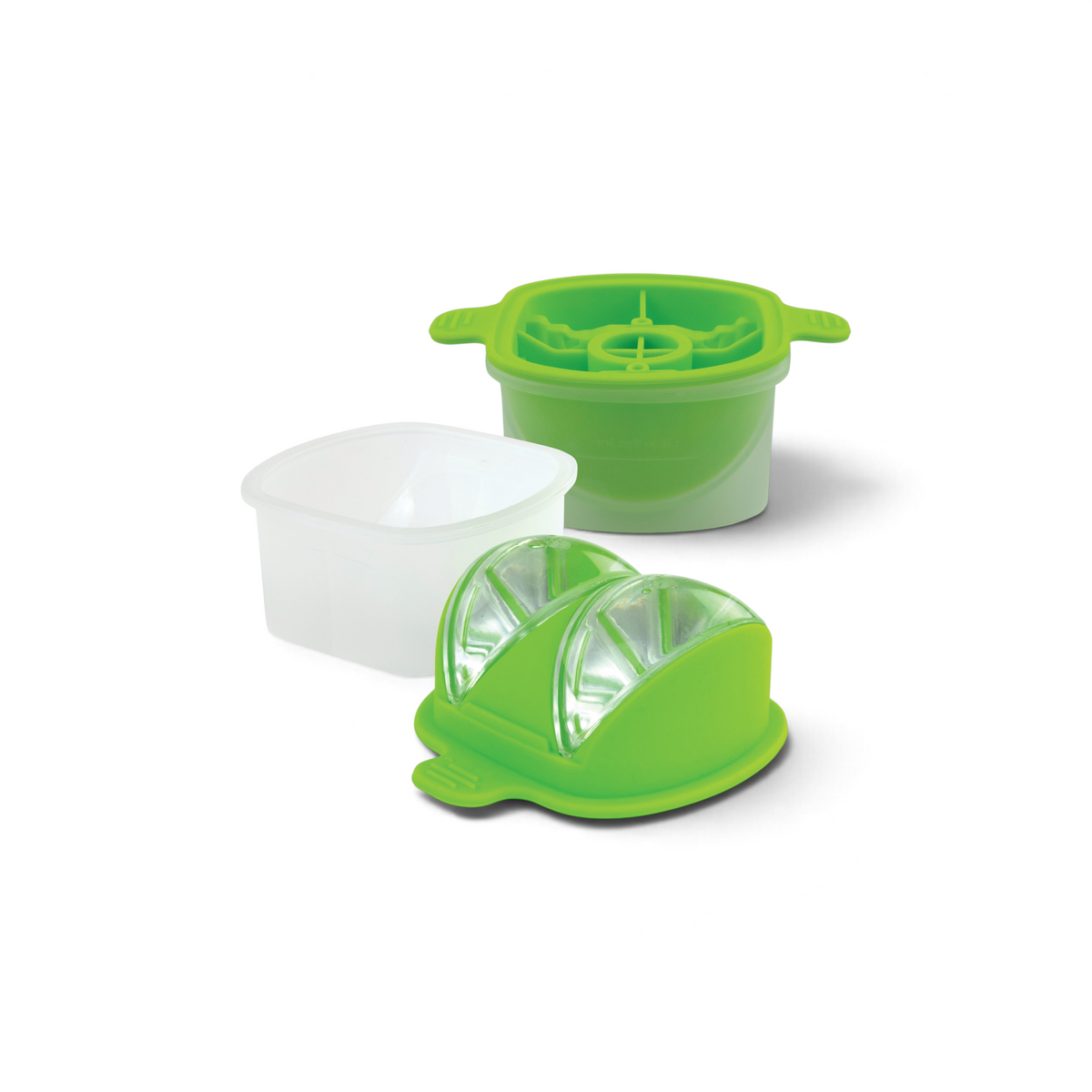Three kitchen gadgets are shown: a green citrus wedge slicer, a green egg slicer with handles, and a tovolo Lime Ice Molds (Set of 2) in a white container—all on a white background.