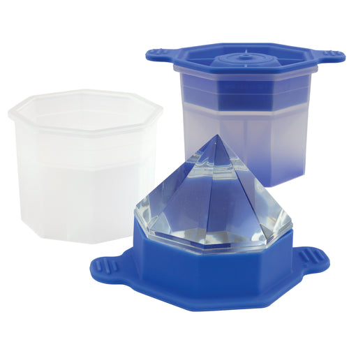 The tovolo Diamond Ice Molds (Set of 2) includes clear octagonal containers and blue silicone molds with lids, creating faceted crystal-shaped diamond ice cubes.