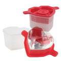 The tovolo Heart Ice Molds (Set of 2) includes clear heart-shaped molds with red silicone lids, perfect for making large faceted heart ice cubes; one filled mold and one empty mold with lid are shown.