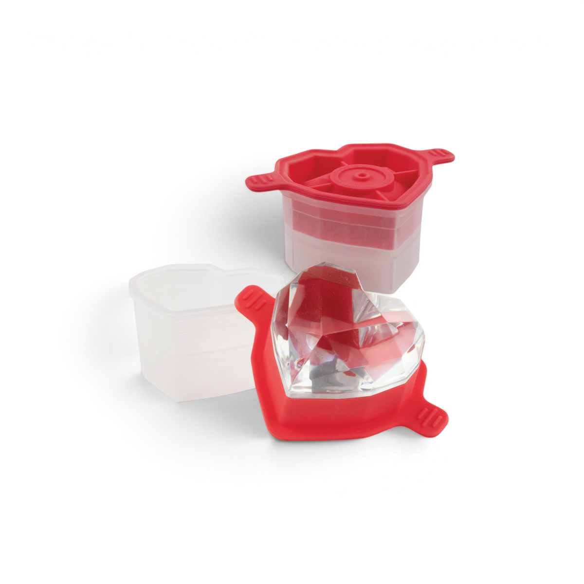 The tovolo Heart Ice Molds (Set of 2) includes clear heart-shaped molds with red silicone lids, perfect for making large faceted heart ice cubes; one filled mold and one empty mold with lid are shown.