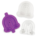Two tovolo Rainbow Ice Molds, one solid purple with a small hole and one transparent, are shown stacked on a white background. These rounded-base molds come as a set of 2.