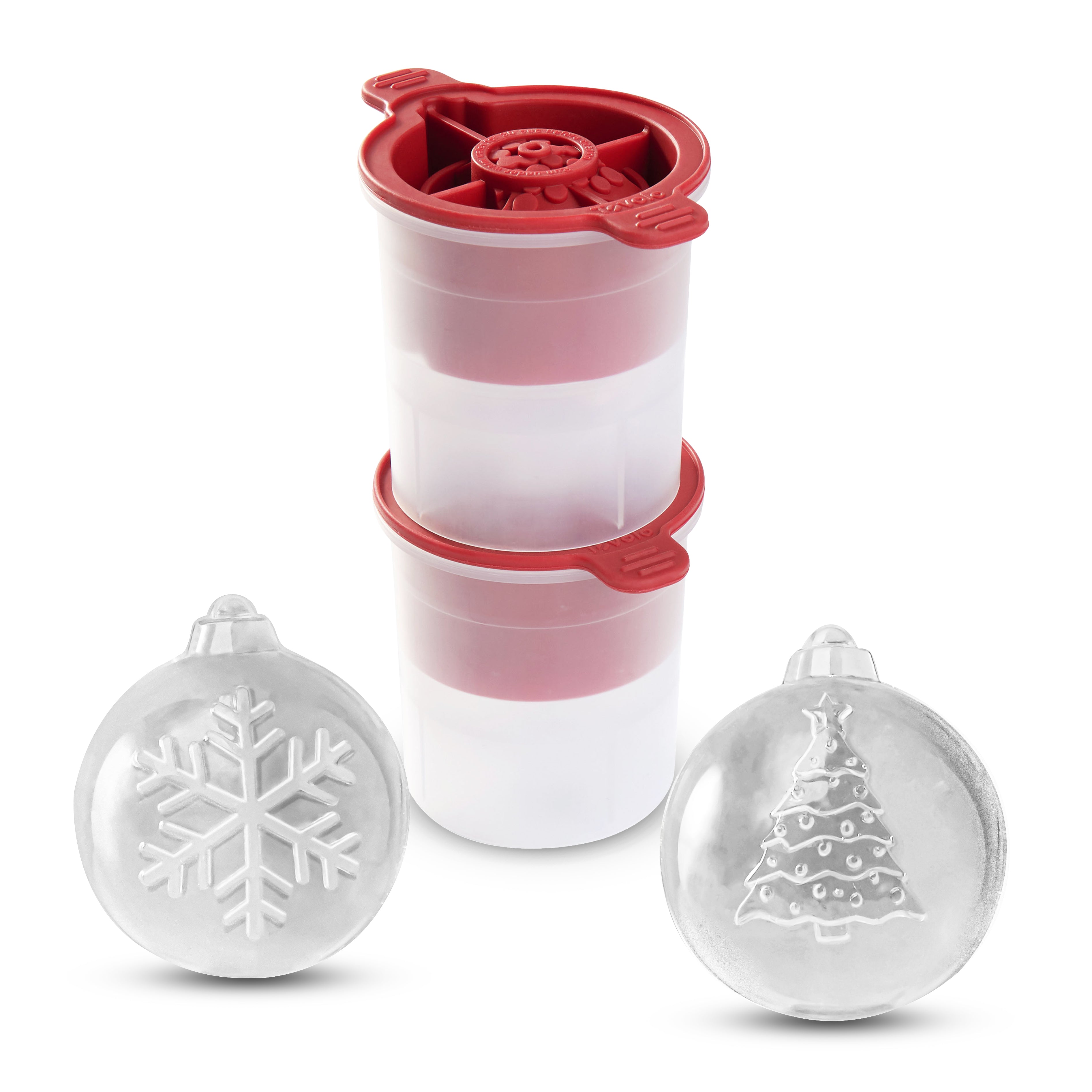 The tovolo Tree and Snowflake Ornament Ice Molds (Set of 2) create clear, slow-melting ice spheres—one with a snowflake, the other with a Christmas tree—perfect as a festive holiday gift.