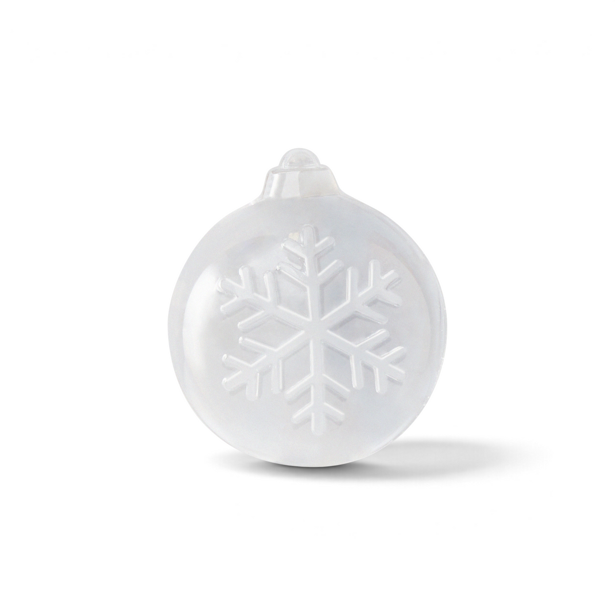 The tovolo Holiday Ice Molds, featuring a clear round shape with a white snowflake design, make a unique Christmas gift—shown here against a plain white background.