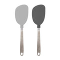 Two Nylon Flex Turners with metal handles and silicone heads—one light gray, one dark gray—are shown side by side. Both have holes at the handle end and are safe for use with non-stick cookware.