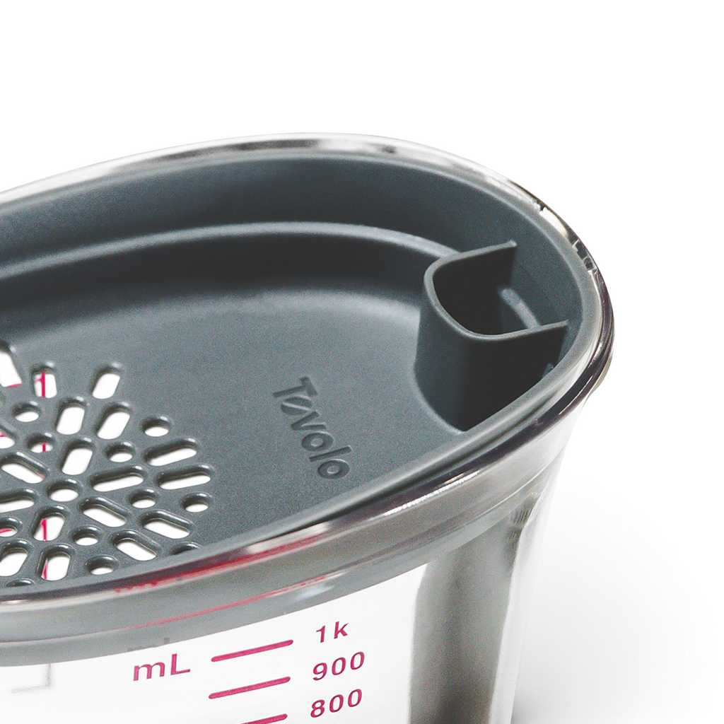 A close-up of the Gravy Strainer shows its clear cup with milliliter markings, a gray plastic lid with a built-in strainer, and a pour spout, perfect for separating fat when making gravy.