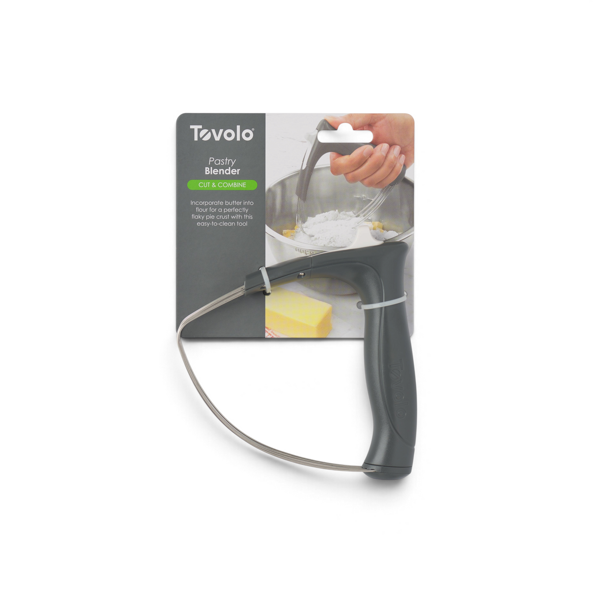 A Pastry Blender with an ergonomic handle is shown in its packaging, featuring an image of a hand blending butter in a bowl—ideal for effortlessly cutting ingredients for flaky pie crusts.