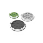 Seal & Store: Set of three round silicone lids in green, gray, and black with segmented pattern and easy-grip tabs for produce storage containers—ideal for keeping produce fresh. Shown on a white background.