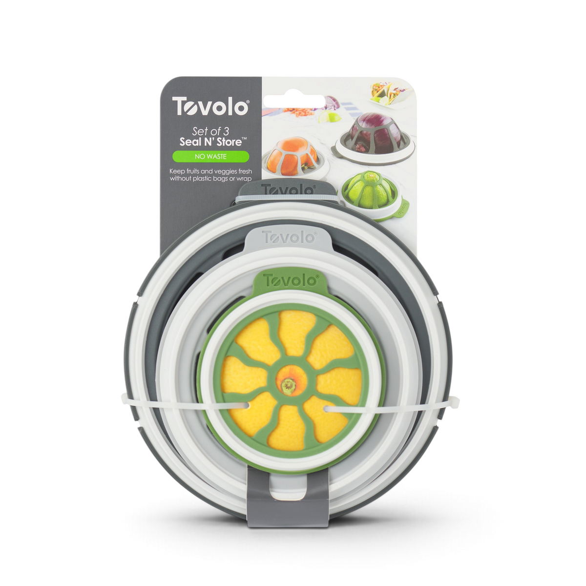 A set of three Seal & Store produce storage containers with colorful lids, designed to keep produce fresh. Displayed in retail packaging featuring product images and branding.