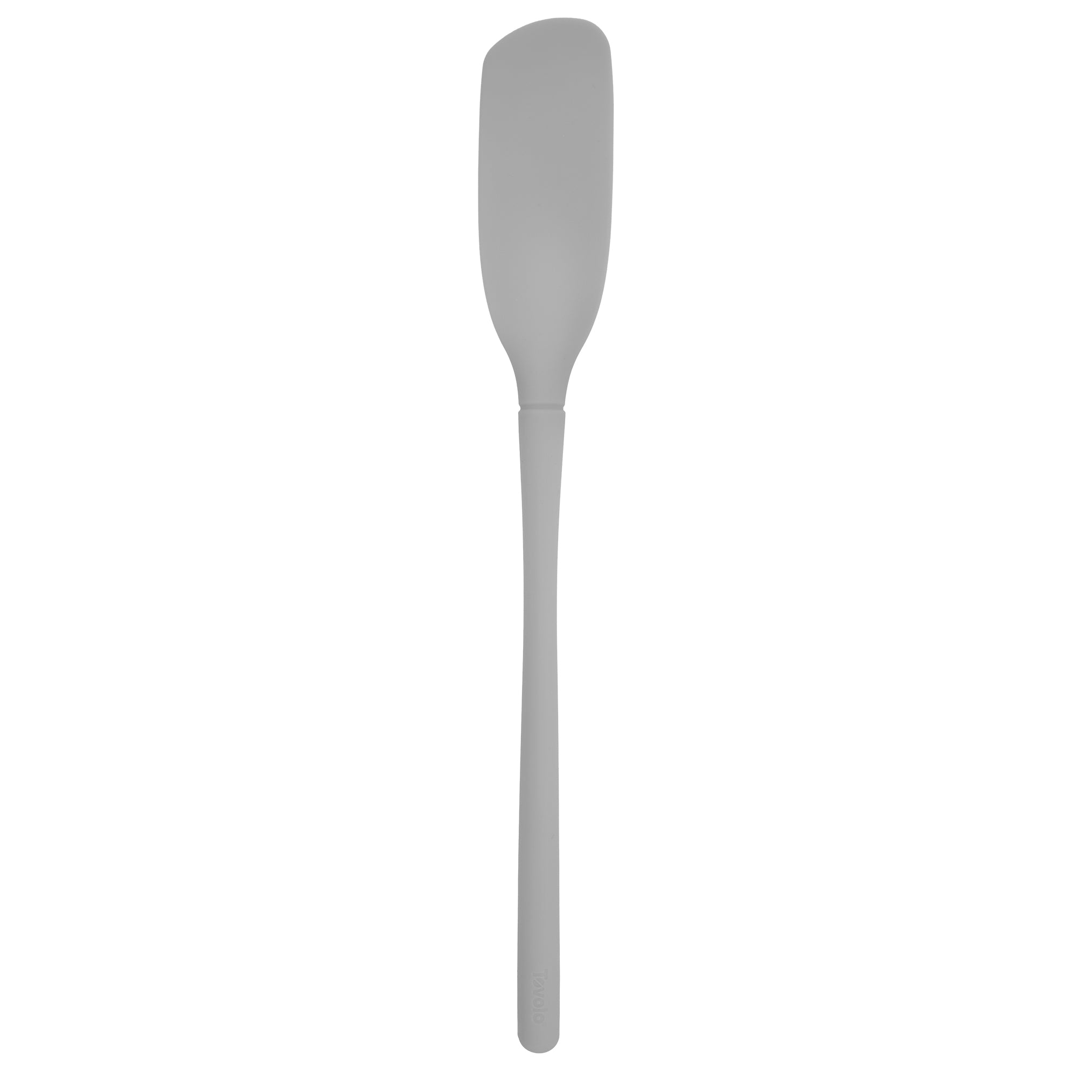 The tovolo Flex-Core Blender Spatula is a gray, long-handled silicone tool with a flexible curved rectangular blade—ideal for scraping bowls or jars and a must-have for any blender spatula collection. Pictured on a white background.