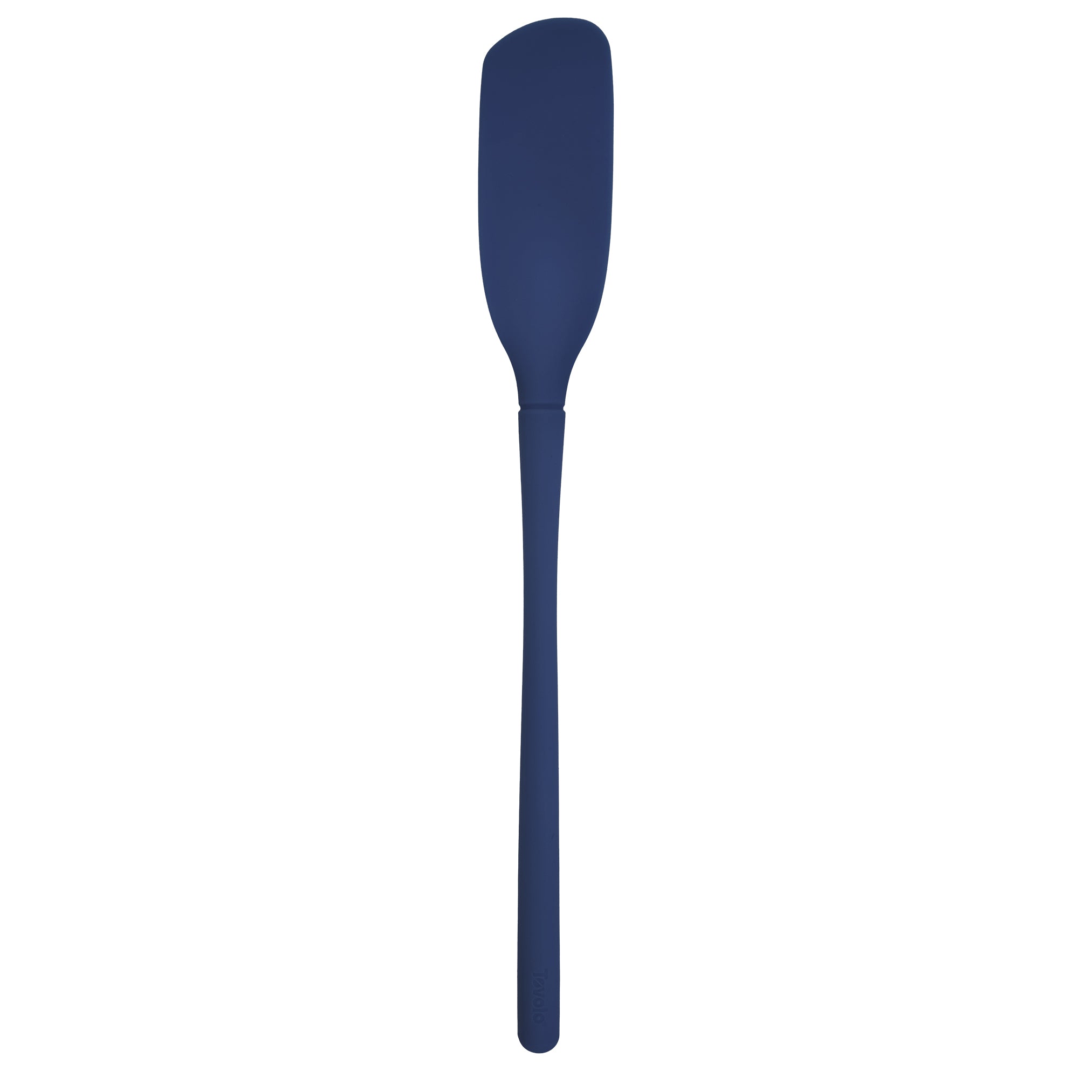 The tovolo Flex-Core Blender Spatula, featuring a long, narrow dark blue silicone head with a rounded edge, is displayed against a plain white background.