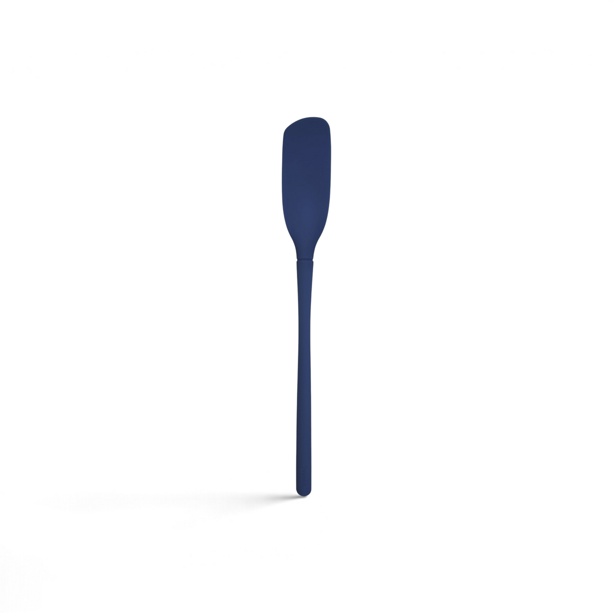 The tovolo Flex-Core Blender Spatula, featuring a long, narrow dark blue silicone head with a rounded edge, is displayed against a plain white background.