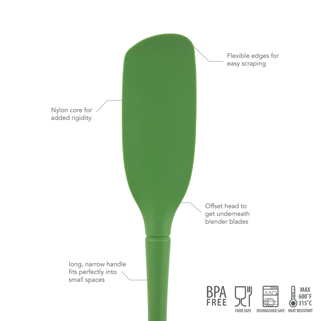 The Flex-Core Blender Spatula is green with flexible edges, a nylon core, offset head for reaching blender blades, and a long narrow handle. BPA-free, food safe, dishwasher safe, and heat resistant up to 315°C.