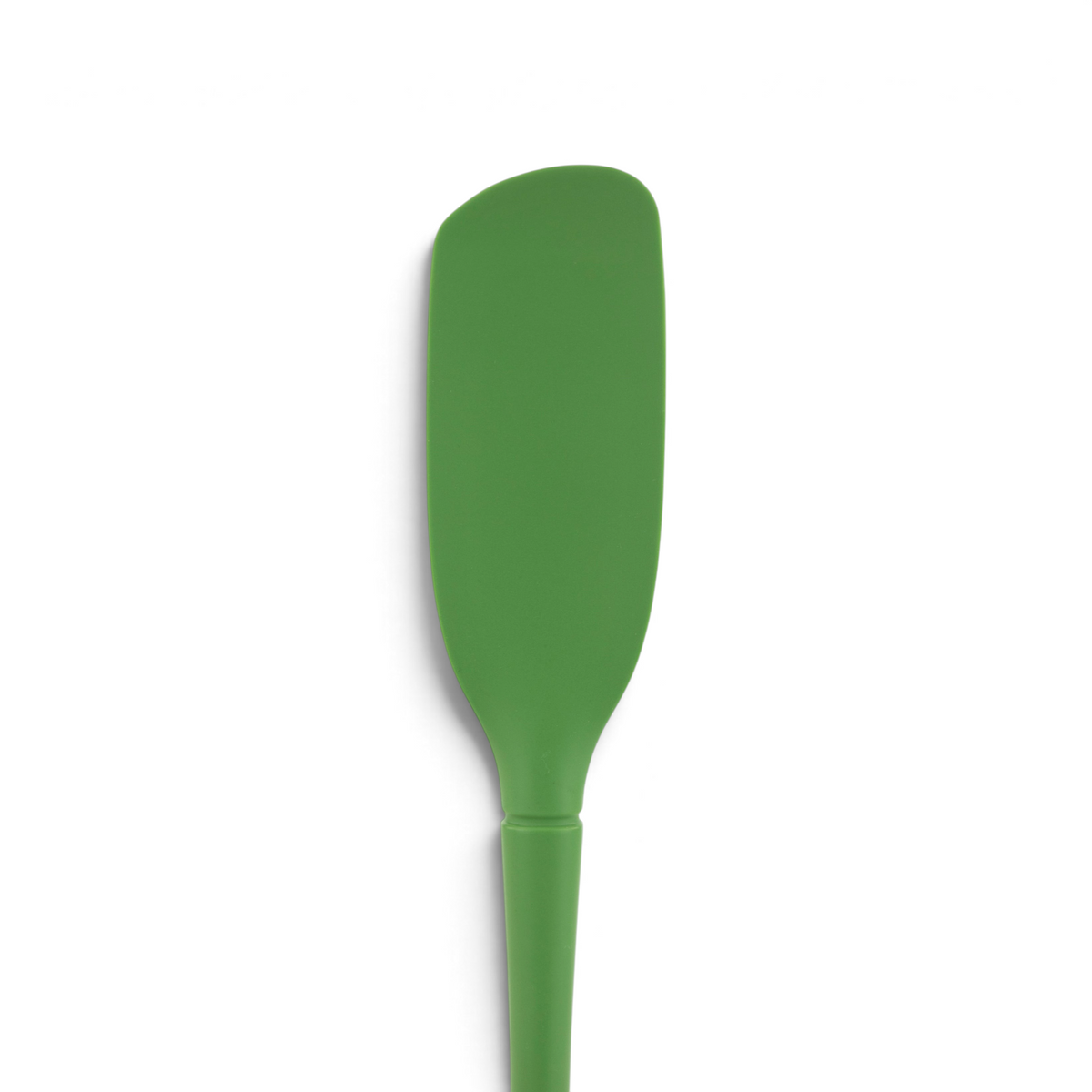 The Flex-Core Blender Spatula is a green, long-handled silicone utensil with a flat, rounded rectangular blade, perfect for blending tasks and shown against a white background.