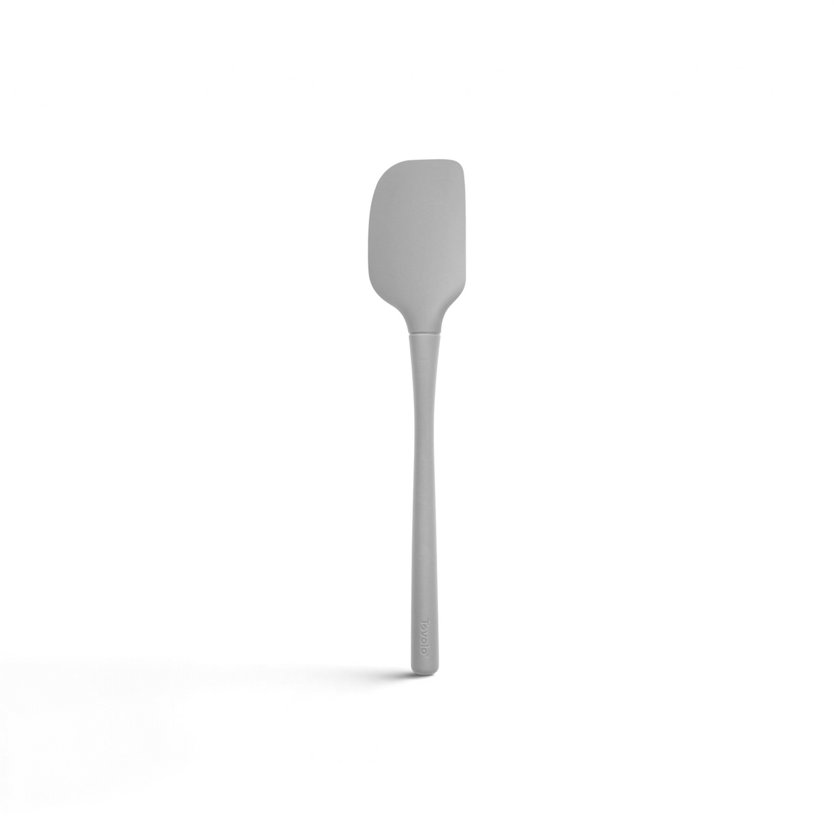 The Flex-Core Spatula, featuring a gray flexible flat, rounded blade and long handle, is displayed against a plain white background.