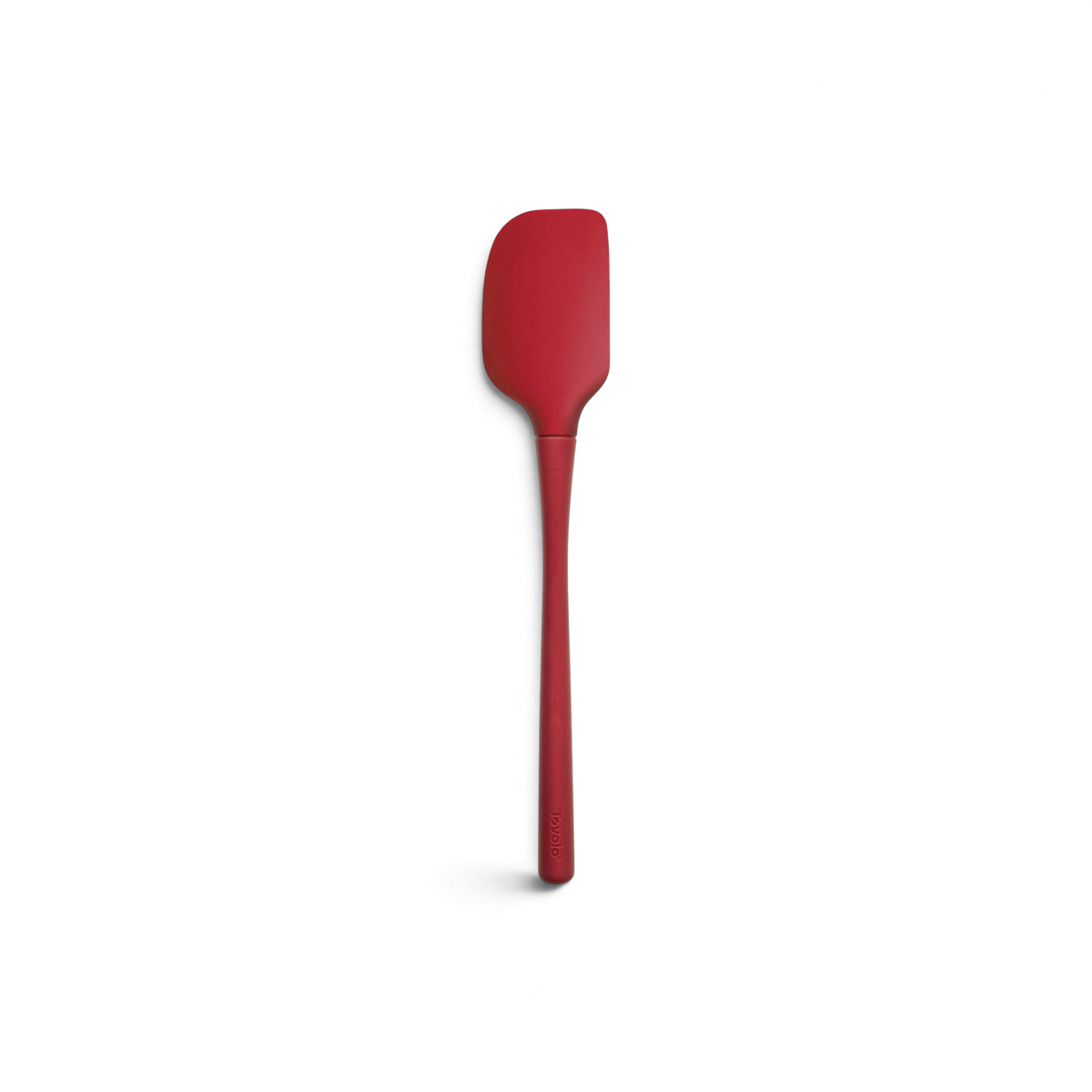 The Flex-Core Spatula, featuring a red silicone rounded rectangular head and a long handle, is displayed against a white background.