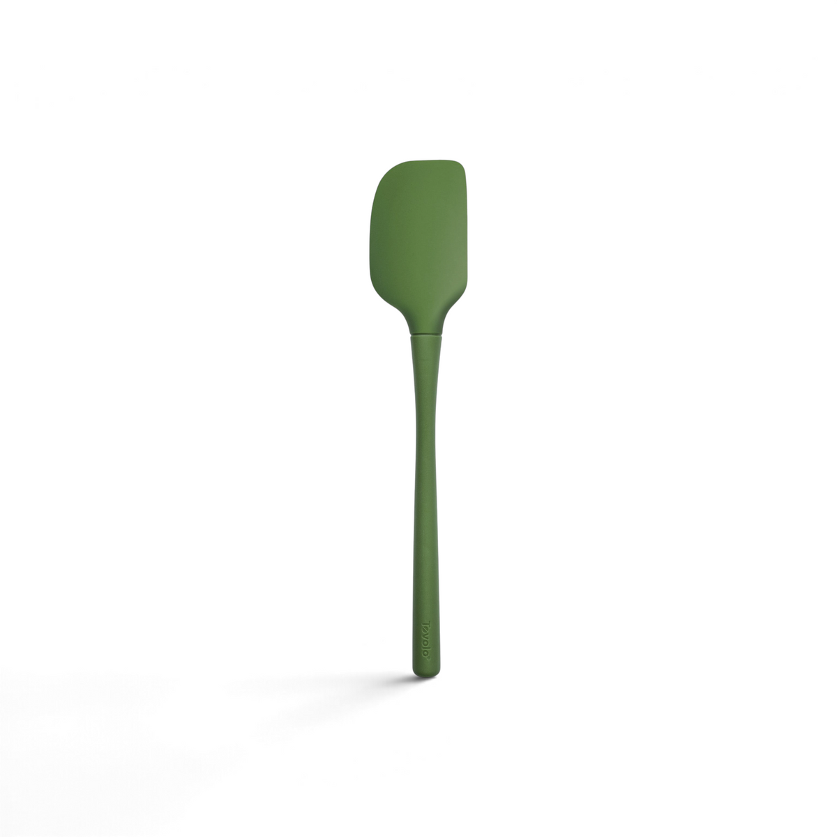 A tovolo Flex-Core Silicone Spatula in green, featuring a long handle and flat, flexible head, is displayed on a white background.