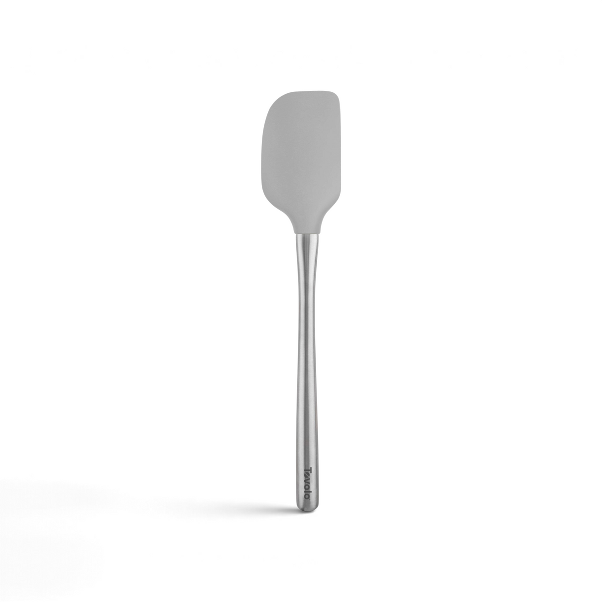 The Flex-Core Spatula is gray with a stainless steel handle, perfect for mixing and scraping food in bowls and pans.