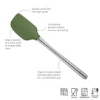 The Flex-Core Spatula features a stainless steel handle, green flex-core, square corner for tight spots, smooth surface, tapered edges, and ergonomic grip. BPA free, food safe, dishwasher safe, and heat resistant icons are shown below.