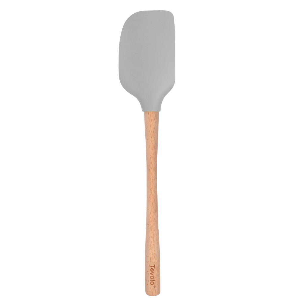 The Flex-Core Spatula features a gray silicone head and a sturdy wooden handle with "Tovolo" engraved near the base.