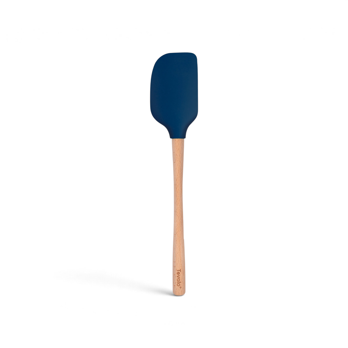 The Flex-Core Spatula features a durable blue silicone head and a light wooden handle engraved with “Tovolo,” combining style and function. Displayed on a white background, it’s perfect for everyday use.